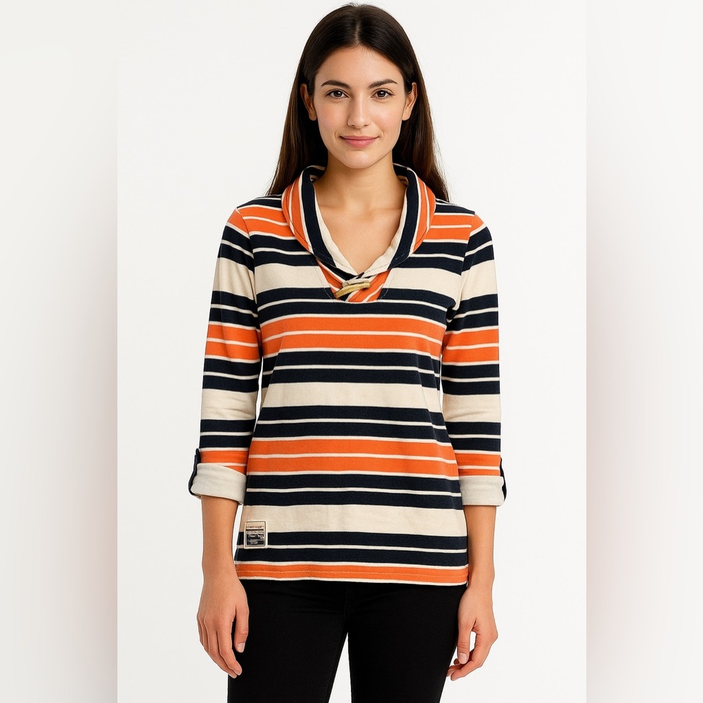 Tommy Hilfiger | Striped Orange Cream Navy Shawl Collar Pullover Sweater